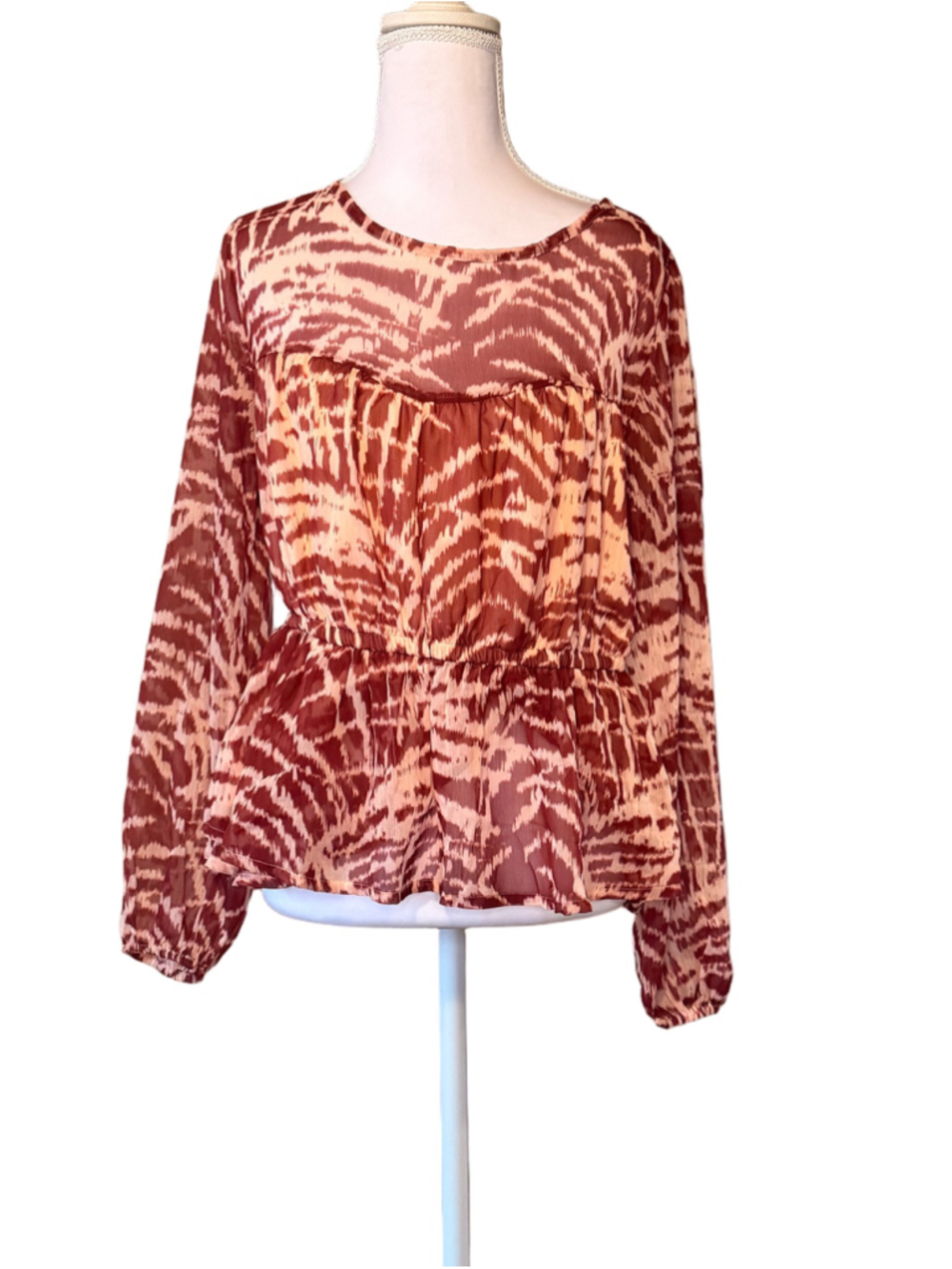 Venus Abstract Animal Print Sheer Peplum Blouse Top Rust Peach M - Picture 1 of 5